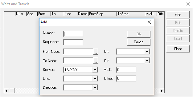 Waits and Travels dialog box with the Add dialog box