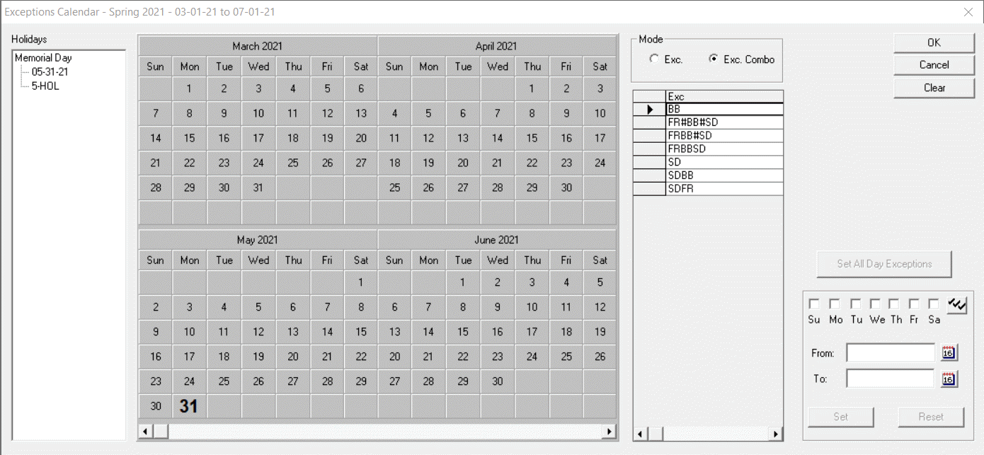 Exceptions Calendar dialog box with sample data