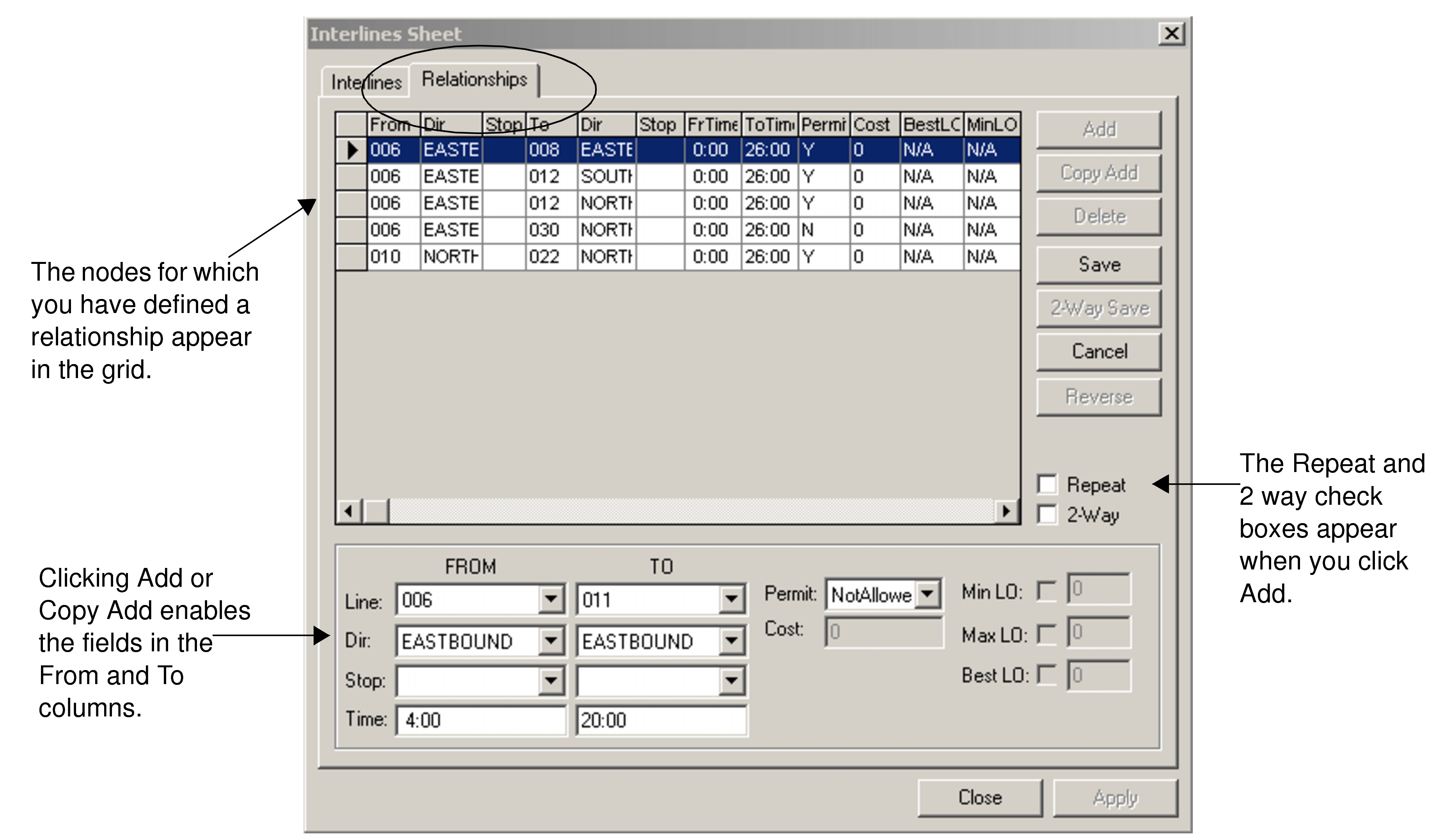 Interlines Sheet dialog box with the Relationships tab open