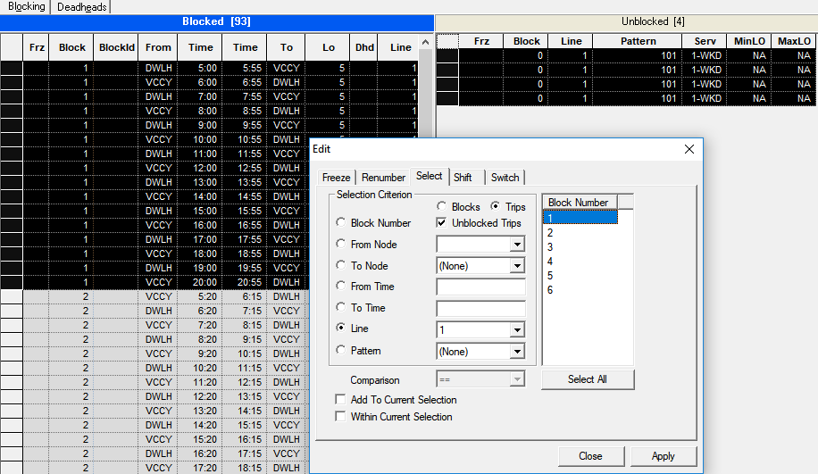 Select tab and sample selected trips on Blocking screen
