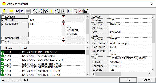 The Address Matcher dialog box open after searching for 123 Man. Listed results are for the similarly sounding 123 Main in various cities. Twenty-eight matches were found, as indicated in the lower-left corner of the dialog box.