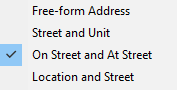 List of address layout options: Free-form address, Street and Unit, On Street and At Street, Location and Street.