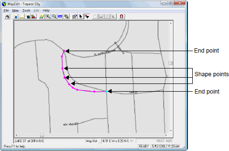 Map showing a sample segment of a curved street