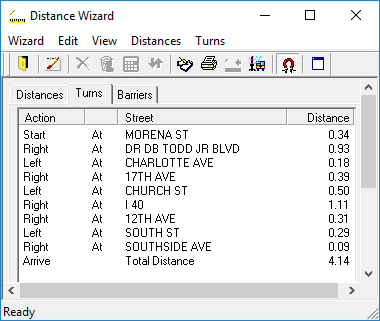The Distance Wizard open to the Turns tab.