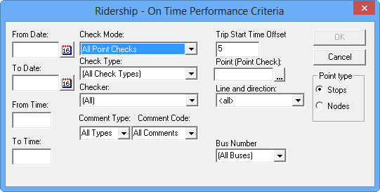 Ridership-On Time Performance Criteria dialog box