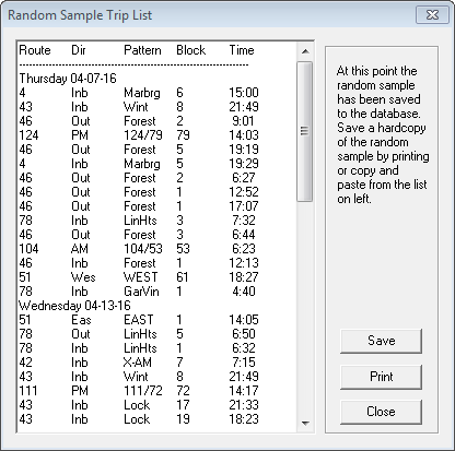 Random Sample Trip List dialog box