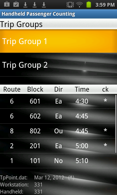 Trip Groups screen