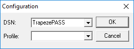 The Configuration dialog box where the DSN and Profile to be used can be selected from drop-down lists.