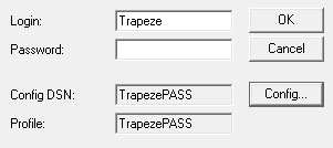 The dialog box with information typed in the Login and Password fields, and information populated in the Config DSN and Profile fields.