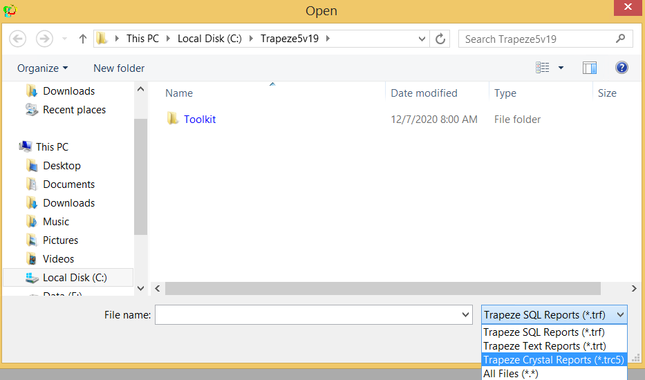 Open dialog box with File type drop-down list shown