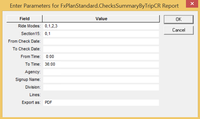Enter Parameters dialog box for Random Check Details By Trip report