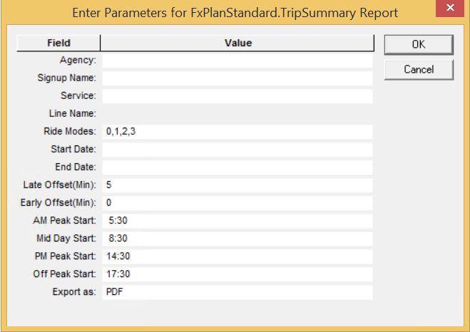 Trip Summary report parameters