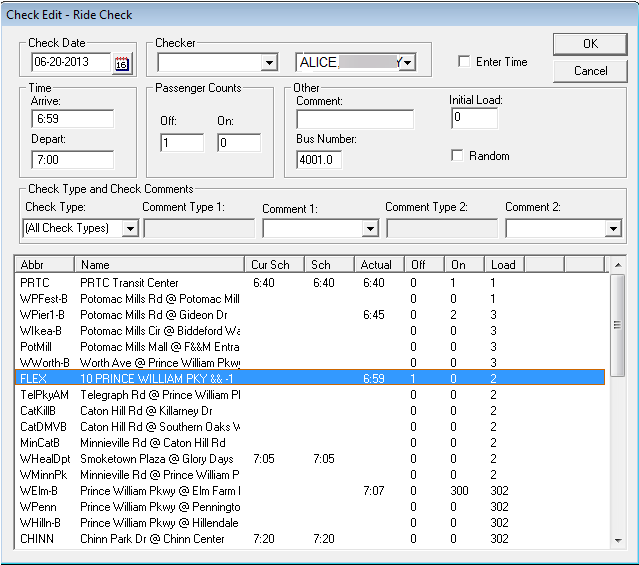 Check Edit - Ride Check dialog box