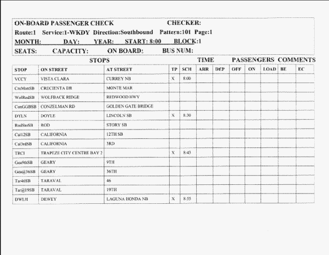 Printed Ride Survey Sheet