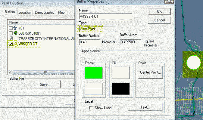 PLAN Options and Buffer Properties dialog boxes