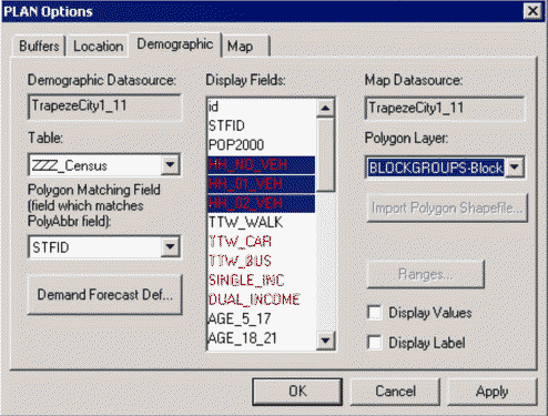 Plan Options dialog box with the Demographic tab open