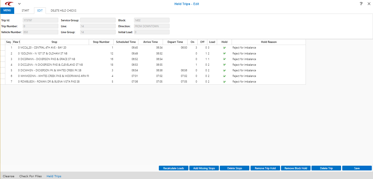 Held Trips - Edit screen
