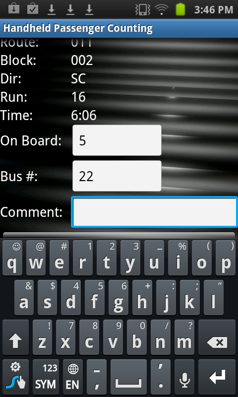 Handheld Passenger Counting screen with sample keyboard