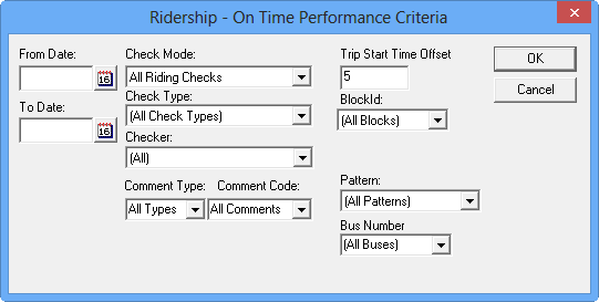 Ridership - On Time Performance Criteria dialog box