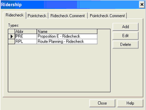 Ridership dialog box with the Ridecheck tab open