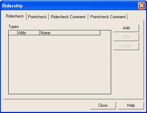 Ridership dialog box with the Ridecheck tab open
