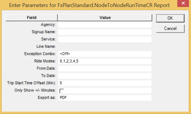 Enter Parameters dialog box of Node to Node Run Time Report