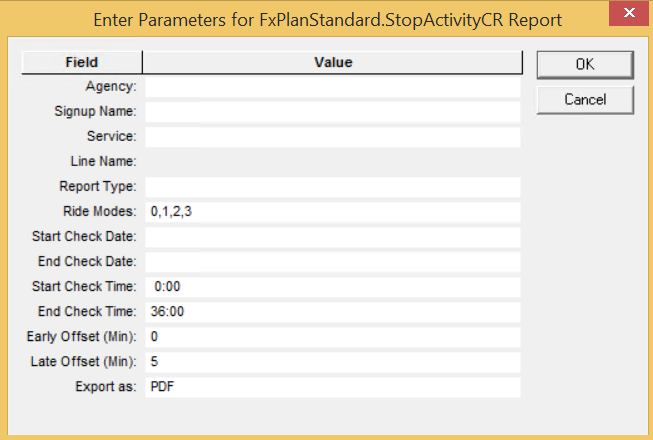 Stop Activity report parameters