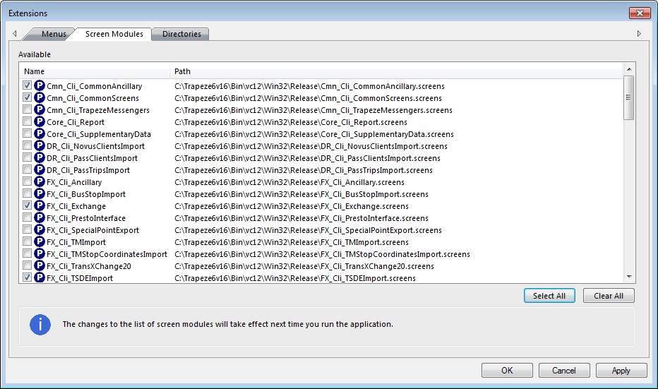 Screen Modules Tab in the Extensions dialog box