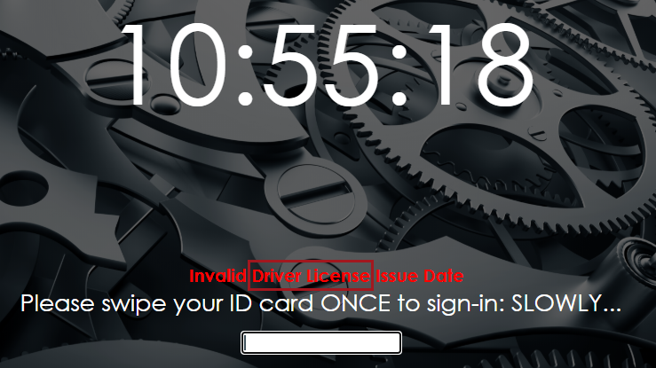 The Sign-In Terminal page with a returned error about an invalid Driver License issue date.