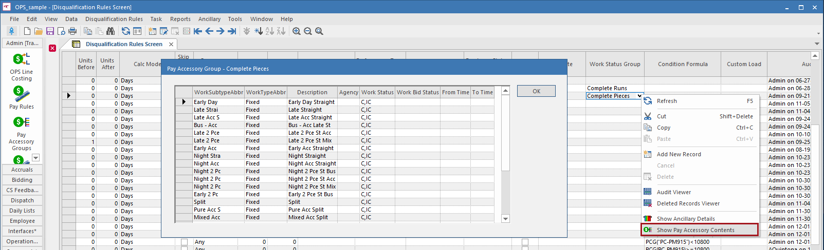The Disqualification Rules screen with the right-click menu shown and Show Pay Accessory Contents circled in red. The Pay Accessory Group dialog box is also visible.