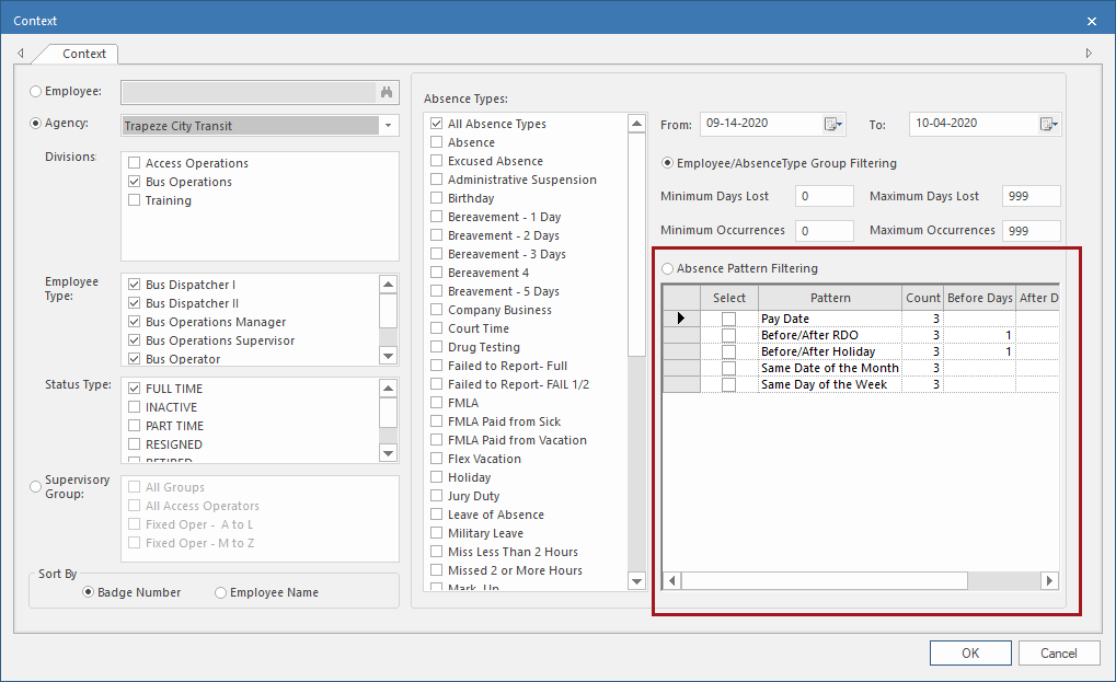 Employee Absence Monitor Context with the Absence Pattern Filtering circles in red.