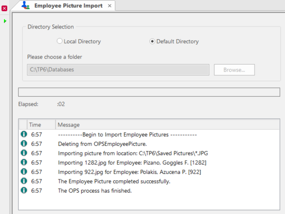 Employee Picture Import screen with the Default Directory selected and a local directory defined. The Messages indicate the pictures have been imported from the default directory.