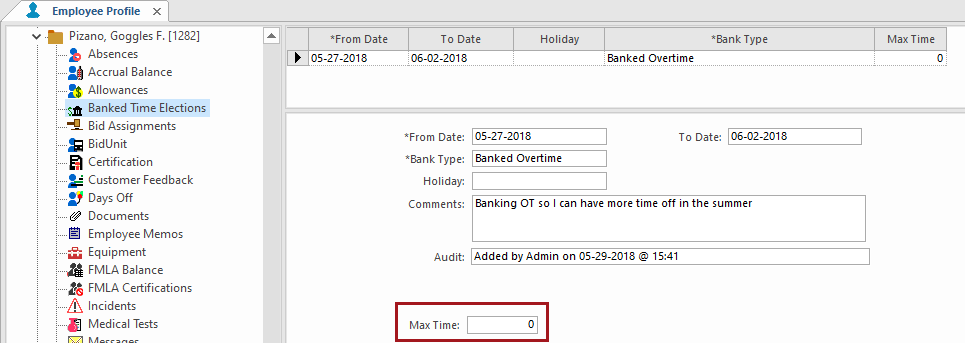 The Employee Profile screen open to the Banked Time Elections area with Max Time circles in red.