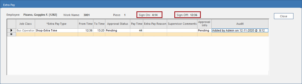 Extra Pay dialog with Sign On and Sign Off circled in red.