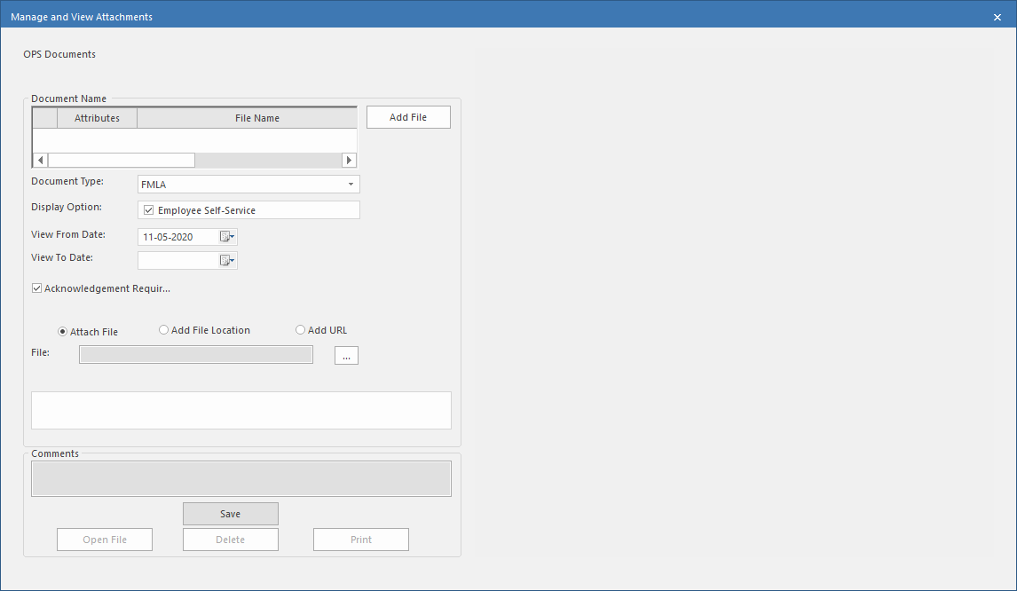 Manage and View Documents fields showing the Employee Self-Service Display Option and Acknowledgement Required check box.