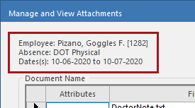 Manage and View Attachments dialog box with the document information circled in red.