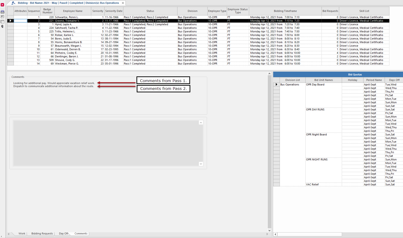 The Bidding screen with Pass 1 and Pass 2 comments appearing on the Comments tab.