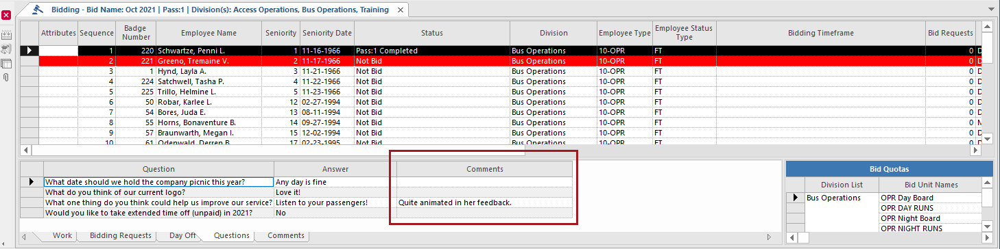 The Bidding screen showing the Questions tab with Comments circled in red.