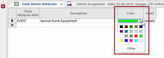 The Daily Vehicle Attributes ancillary data screen with Color circled in red.