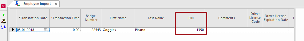 Employee Import showing a PIN circled in red.