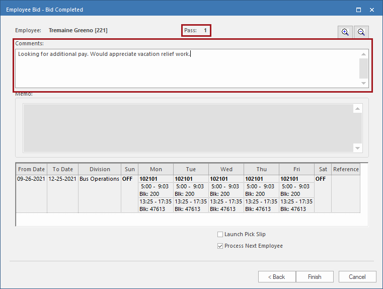 The Employee Bid Wizard with the Pass number and Comments circled in red.
