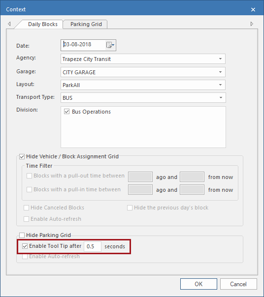 The Context dialog box with Enable Tool Tip after x seconds circled in red.
