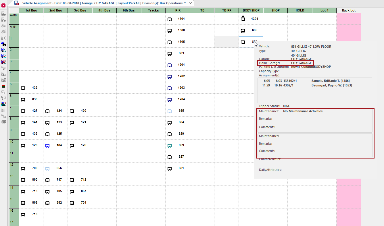 The Vehicle Assignment screen showing a vehicle tooltip with Home Garage and Maintenance fields circled in red.