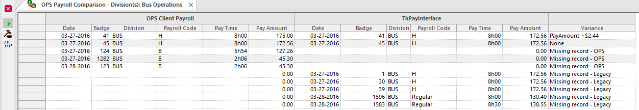 Sample Payroll Comparison screen