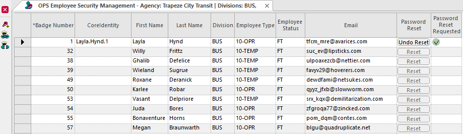 The OPS Employee Security Management screen showing a list of employees.