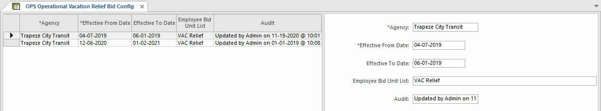 OPS Operational Vacation Relief Bid Config screen.