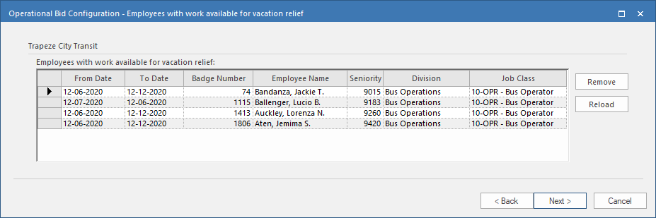 Operational Bid Configuration showing the Employees with work available for vacation relief page.
