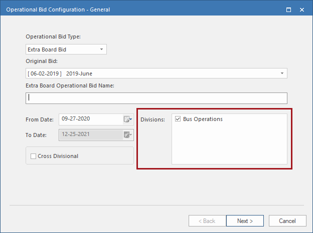 Operational Bid Configuration - General page showing Divisions options.