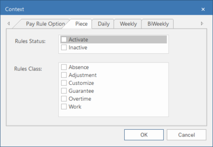 The Pay Rules Context dialog box open to the Piece tab showing Rules Status and Rules Class options.