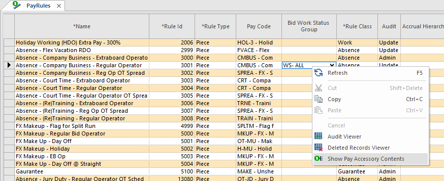 The PayRules screen with the Show Pay Accessory Contents right-click menu option visible.